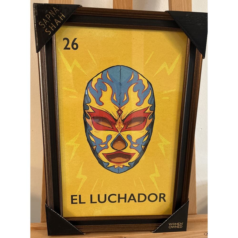 New Sapna Shah Framed Art El Luchador Mexican Wrestler Lotería Card 18” x 12”